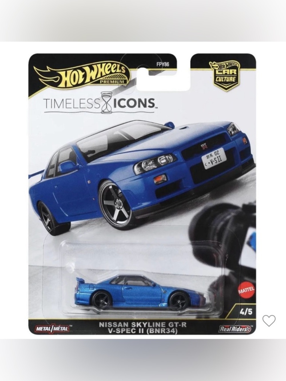 HotWheels Nissan Skyline GT-R V Spec II BNR34 Timeless Icons PremiumNIP
